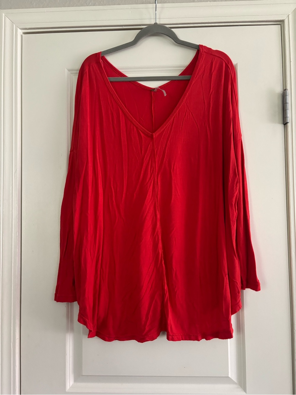 Free People Bright Red Relaxed Fit V-Neck Long Sleeve Top Size XL